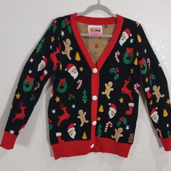Tipsy Elves Black Cardigan with Red Trim and Festive Motifs - Picture 8 of 17